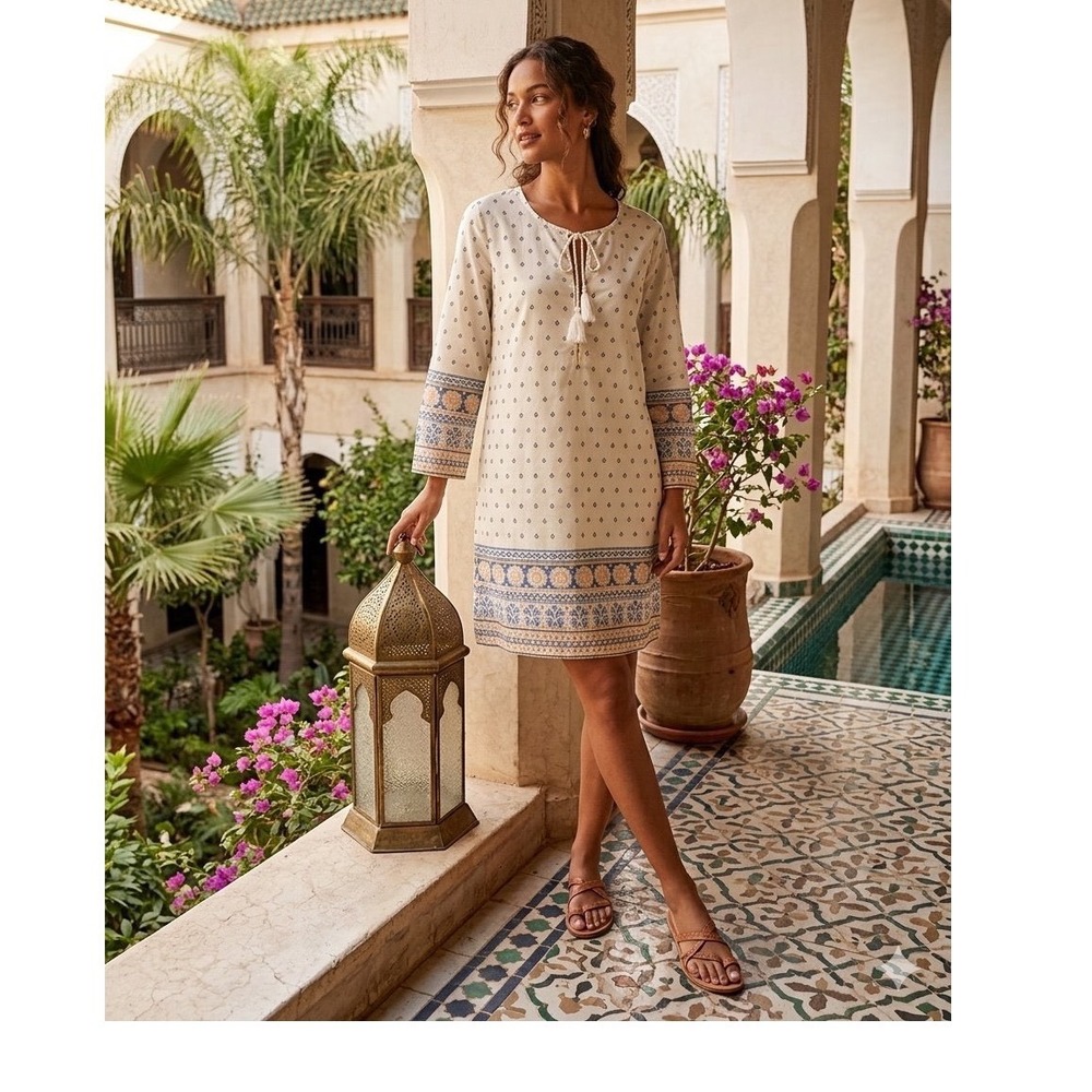 J.Crew Cotton Voile Block Print Tassel Tie Shift Dress Cream Blue Yellow Small